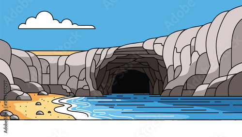 Vector illustration of a tranquil coastal grotto, featuring a dark cave, rugged cliffs, sandy beach, calm ocean, and a clear sky with a single cloud