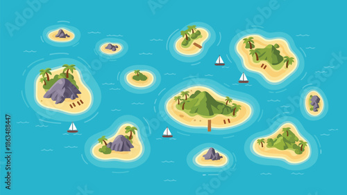 Vibrant tropical archipelago scene with numerous idyllic islands, verdant palm trees, rugged rock formations, and serene sailboats dotting the