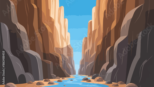 A striking vector illustration of a grand desert canyon with towering rock formations and a tranquil river flowing below under a clear blue sky