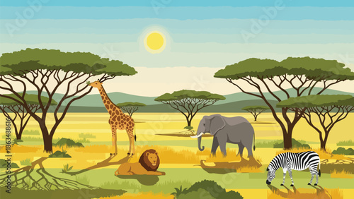 Vibrant African Savanna Landscape Illustration Featuring Diverse Wildlife Under a Bright Sun
