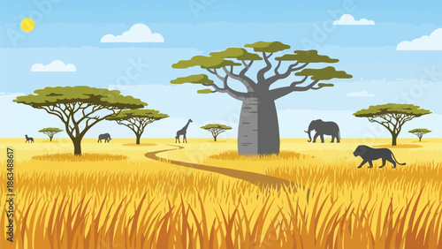 African Savanna Landscape with Majestic Baobab Tree and Diverse Wild Animals Depiction