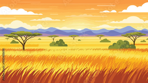 Expansive golden savanna landscape bathed in the warm glow of a setting sun with iconic acacia trees and distant mountains under a tranquil vast sky.