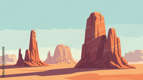 An illustrative vast desert landscape under a clear sky, featuring monumental red rock formations standing tall amidst sun-baked sandy terrain, a