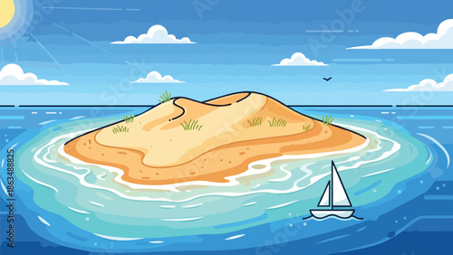 A captivating cartoon illustration portraying a serene isolated sandy island amidst the vast blue ocean with a small sailboat gliding peacefully