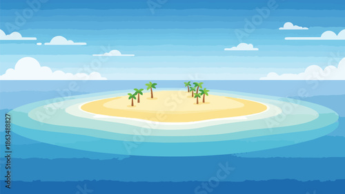 Remote tropical island paradise featuring golden sands and vibrant palm trees, floating serenely amidst an expansive azure ocean under a clear blue