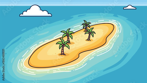 Vibrant cartoon illustration: serene tropical island, golden sand, four green palm trees, pristine turquoise ocean, clear blue sky, fluffy white