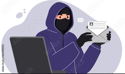 Hacker in Hoodie Stealing Personal Information from Email for Cybercrime and Data Theft Illustration