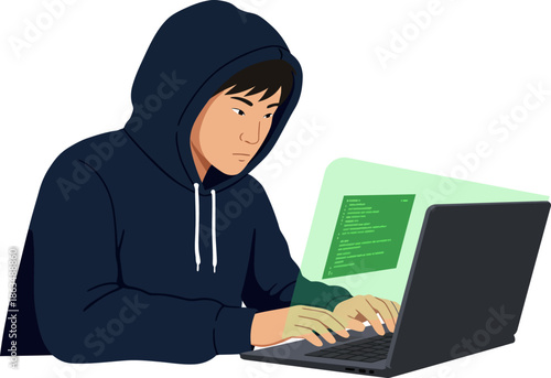 Asian Male Hacker in Hoodie Typing on Laptop for Cyber Security Concept Illustration