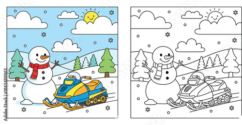 Winter landscape with happy snowman and snowmobile, colored and outline version for children coloring book, cartoon style vector illustration