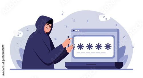 Hacker in Hoodie Cracking Password on Laptop Screen Cybersecurity Concept Illustration