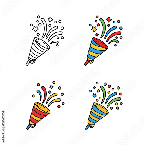 Minimalist party popper icon set, hand-drawn doodle style, bold black outline,