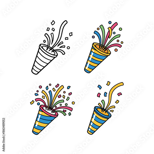 Minimalist party popper icon set, hand-drawn doodle style, bold black outline,