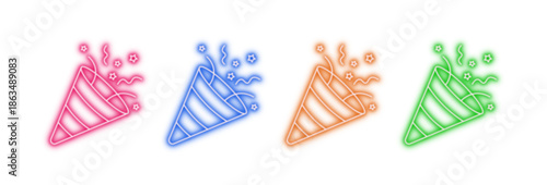 Neon glowing party popper vector icons set, celebration, festive, confetti, joy, birthday, holiday, vibrant colorful digital design illustration.