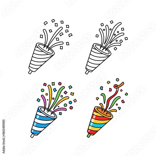 Minimalist party popper icon set, hand-drawn doodle style, bold black outline,