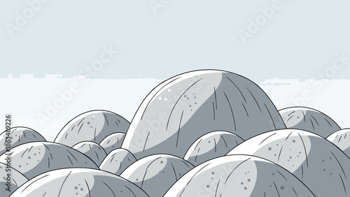 A serene minimalist landscape illustration featuring an expansive field of softly contoured grey hills under a calm monochrome sky a peaceful barren