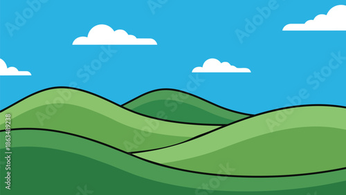 A cheerful minimalist vector illustration of serene rolling green hills against a crisp blue sky