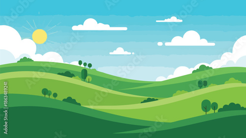 A cheerful, expansive animated landscape featuring layered emerald green hills, a serene blue sky, fluffy white clouds, and a bright yellow sun a