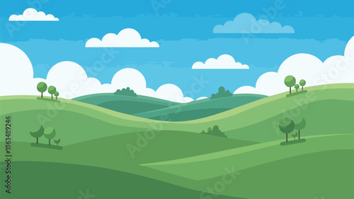 Flat design landscape illustration of undulating green hills and gentle valleys under a bright blue sky with scattered white clouds, offering a