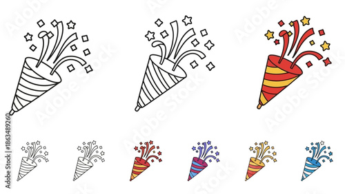 Minimalist party popper icon set, hand-drawn doodle style, bold black outline,