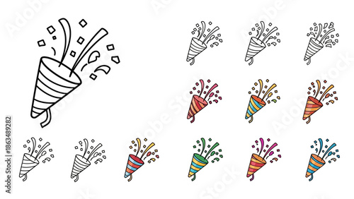 Minimalist party popper icon set, hand-drawn doodle style, bold black outline,
