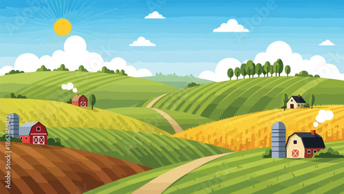 Pastoral landscape with rolling hills, bright blue sky, scattered clouds, vibrant green fields, colorful farmhouses, and winding pathways showcasing