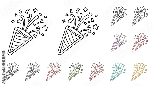 Minimalist party popper icon set, hand-drawn doodle style, bold black outline,