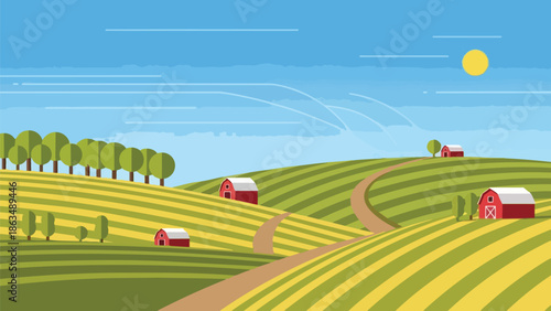 Vibrant rural landscape with rolling green and golden fields under a bright blue sky, featuring rustic red barns and winding country roads depicting