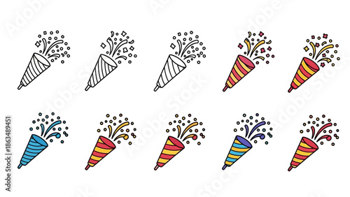 Minimalist party popper icon set, hand-drawn doodle style, bold black outline,