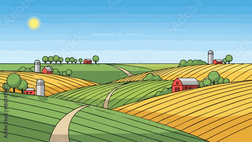 Vibrant agricultural panorama featuring rolling hills, fertile fields, classic barns, and silos under a clear sky