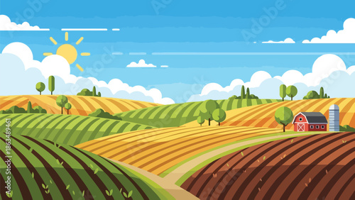 Beautiful peaceful agricultural farm scene with rolling hills fields crops barn silo bright blue sky white clouds and a happy sun depicting a