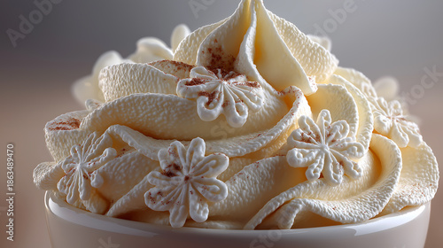 Cloud Dancer themed A beautifully decorated dessert intricate white frosting and snowflake designs on top of a creamy Colour of the Year 2026