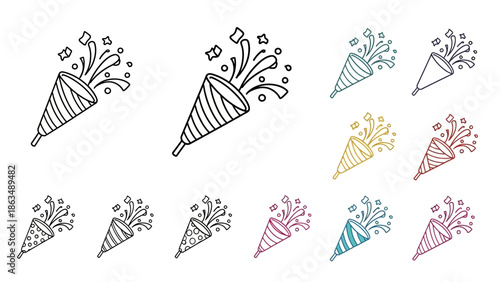 Minimalist party popper icon set, hand-drawn doodle style, bold black outline,