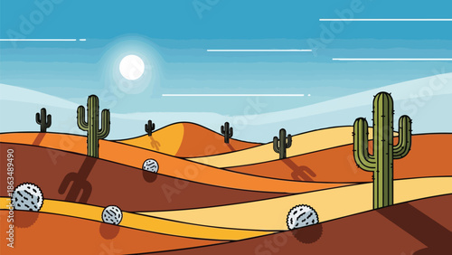 Vast desert landscape with tall cacti under a bright sun and a clear blue sky, illustrating arid environment and sparse plant life with rolling