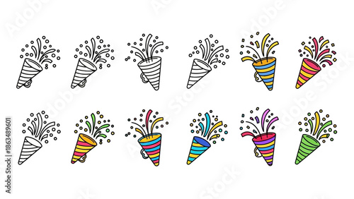 Minimalist party popper icon set, hand-drawn doodle style, bold black outline,