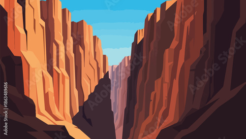 A stylized illustration of majestic, ancient red rock formations defining a colossal canyon under a clear blue sky, evoking a sense of vast natural