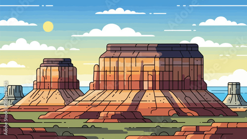 Stylized desert landscape with majestic mesas under a vivid sky a colorful illustration depicting a vast arid wilderness scene