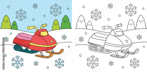 Cute Cartoon Snowmobile in Winter Landscape Coloring Page for Kids with Smiling Trees and Snowflakes, Educational Coloring Book Activity for Children Vector Illustration Set.