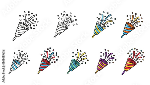 Minimalist party popper icon set, hand-drawn doodle style, bold black outline,