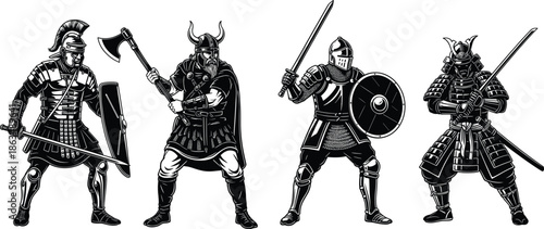 Historic warrior icons set featuring Roman legionary, Viking fighter, medieval knight, and Japanese samurai in black and white style