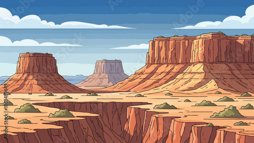 Vast animated desert landscape showcasing towering mesa formations and deep canyon chasms under a vibrant blue sky dotted with fluffy white clouds