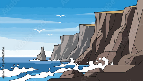 Dynamic coastal panorama with towering cliffs, crashing ocean waves, and soaring birds