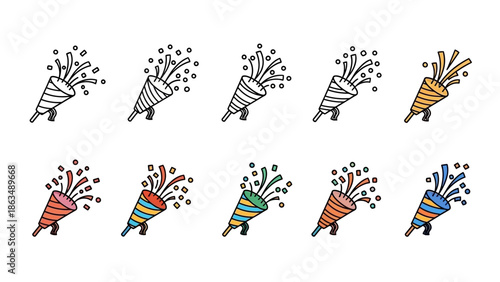Minimalist party popper icon set, hand-drawn doodle style, bold black outline,