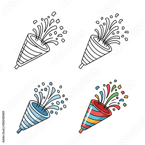 Minimalist party popper icon set, hand-drawn doodle style, bold black outline,