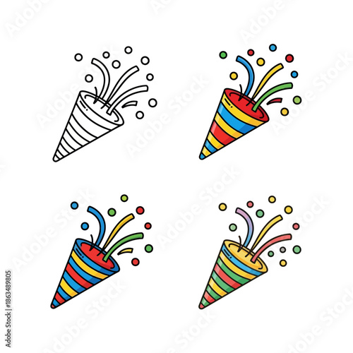 Minimalist party popper icon set, hand-drawn doodle style, bold black outline,