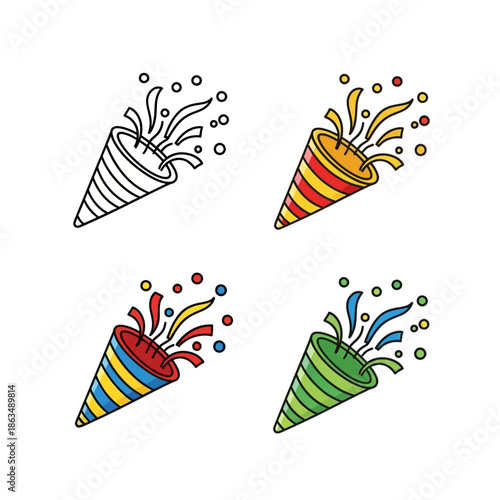 Minimalist party popper icon set, hand-drawn doodle style, bold black outline,