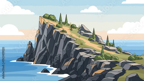 A captivating vector illustration showcasing a rugged coastal cliffside overlooking the vast blue ocean under a partly cloudy sky, featuring a