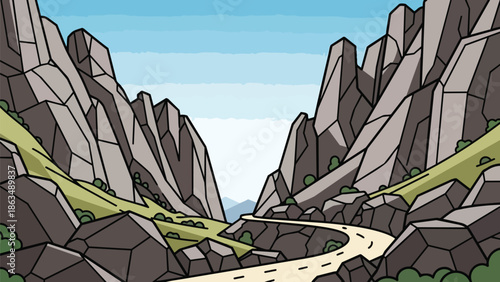 A vibrant cartoon landscape showcasing a winding road through a dramatic valley with sharp geometric rock formations and lush green slopes under a