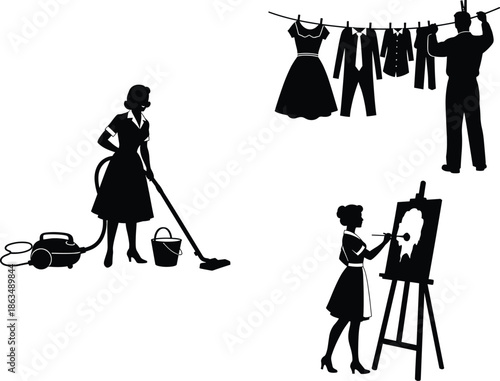 Household chores and creative activities silhouette illustration with vacuuming woman, clothes hanging man, painting artist, domestic work, artistic lifestyle vector