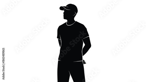 Black Silhouette of Man Wearing T-Shirt and Baseball Cap Vector Illustration