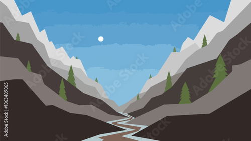 A tranquil flat design illustration portraying a deep mountain valley, featuring a winding river flowing beneath a clear blue sky with a solitary